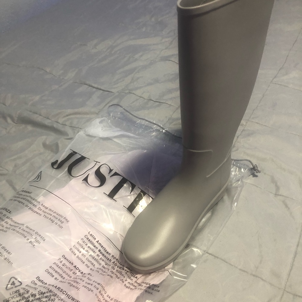 Just Fab gray rain boot. Never worn. Still in bag